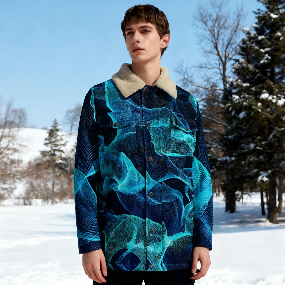 Trending Unisex Artistic Print Jacket Abstract Watercolor Design with Soft Faux Shearling Collar Button Long Sleeve Winter Coat