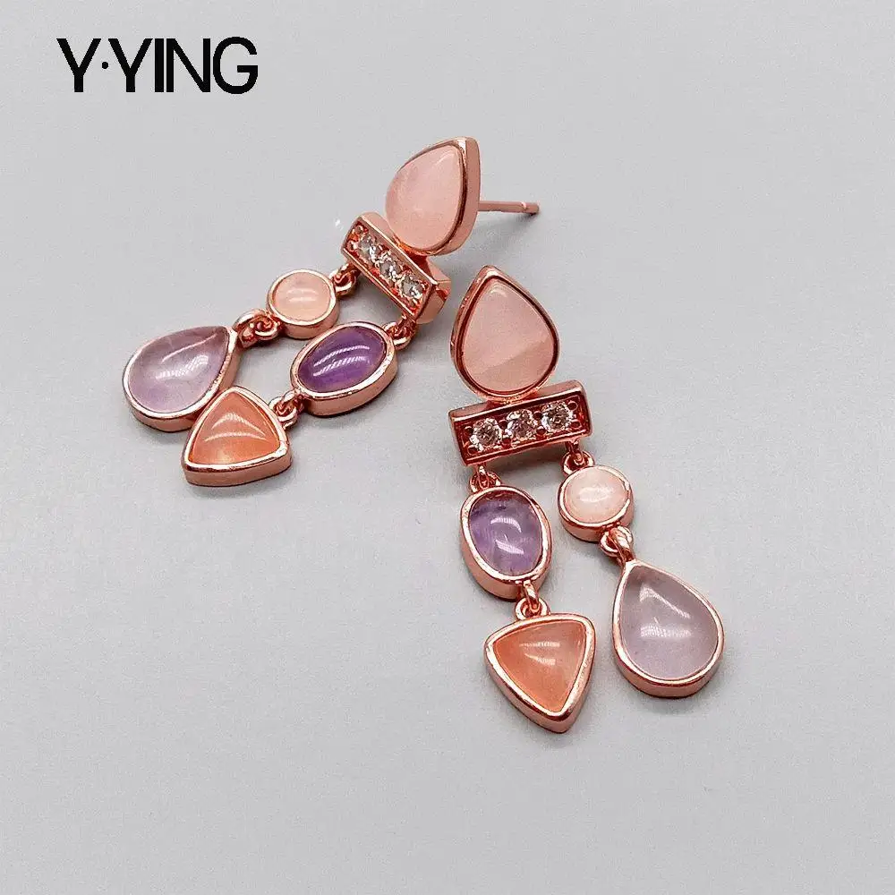 

Y.YING natural Rose Quartzs Amethysts Pink Aventurine rose gold color plated Stud Earrings office style for women
