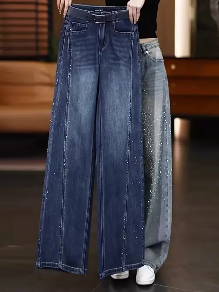 Slim Wide Leg Pants High Waist Women's Spring New Loose Fit Casual Diamond Side Pockets Jeans Comfortable Wear Resistant