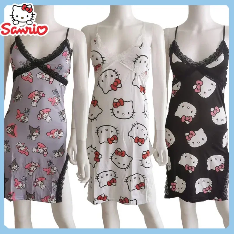 Sanrio Hello Kitty Women Sexy Sleepwear Summer Lace Suspender V-Neck Sleeveless Pajamas Nightgown Feminine Dress Pajama Gift