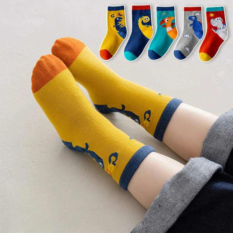 5Pairs Children\'s Socks Cute Cartoon Dinosaur Theme Baby Boy Mid Tube Cotton Soft Infant Spring Autumn Kids Student Floor Socks