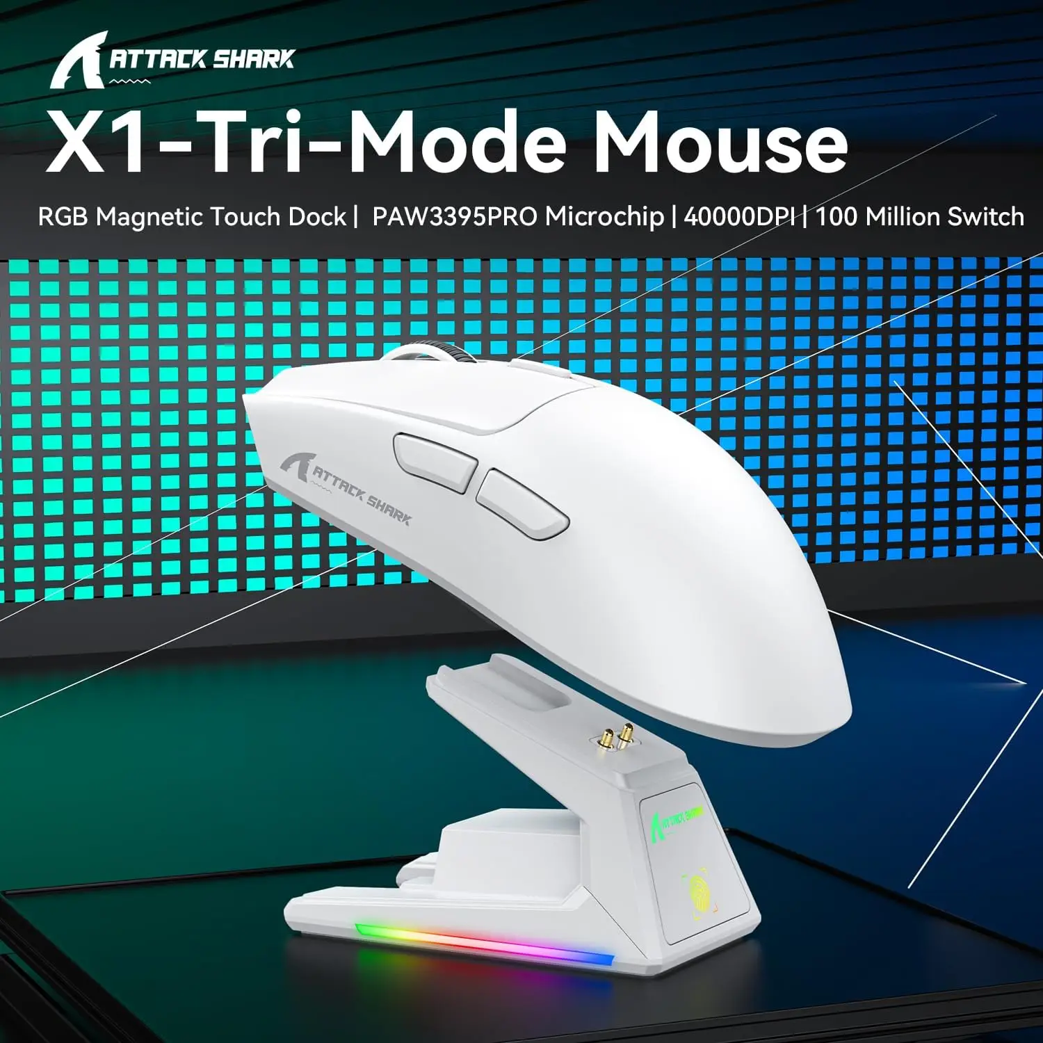 

Attack Shark X1 Tri Mode Wireless с сенсорной панелью RGB Зарядная док-станция Сверхлегкая беспроводная игровая мышь с датчиком PAW3395PRO