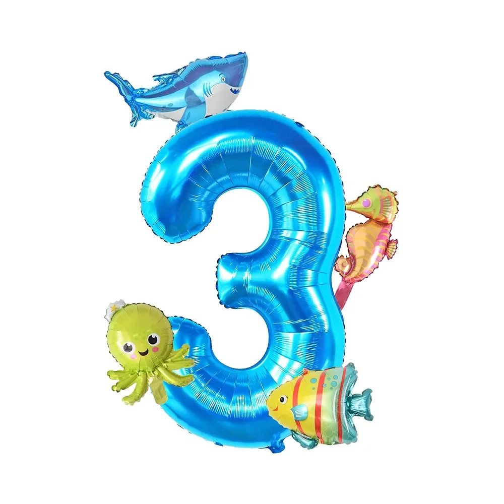5 stücke Mini Meerestiere Luftballons Set 40 zoll Blau Nummer 0-9 Ballon Octopus Seepferdchen Fisch Folienballons Geburtstag Party Dekoration – Detail 5
