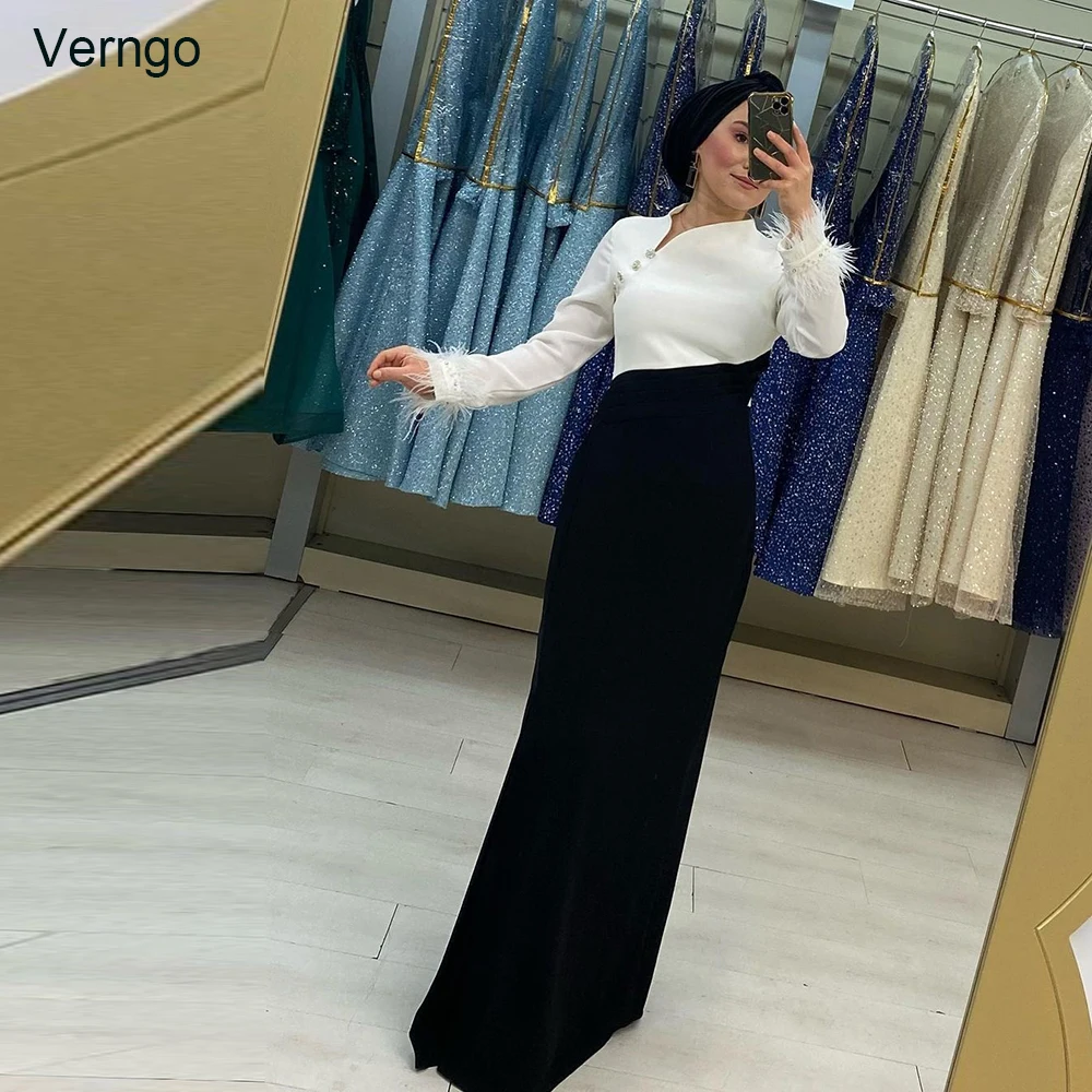 

Verngo Mermaid Arabic Muslim Prom Dress Long Sleeve Feathers Evening Gown Satin Women Formal Party Occasion Dress Robe De Soiree