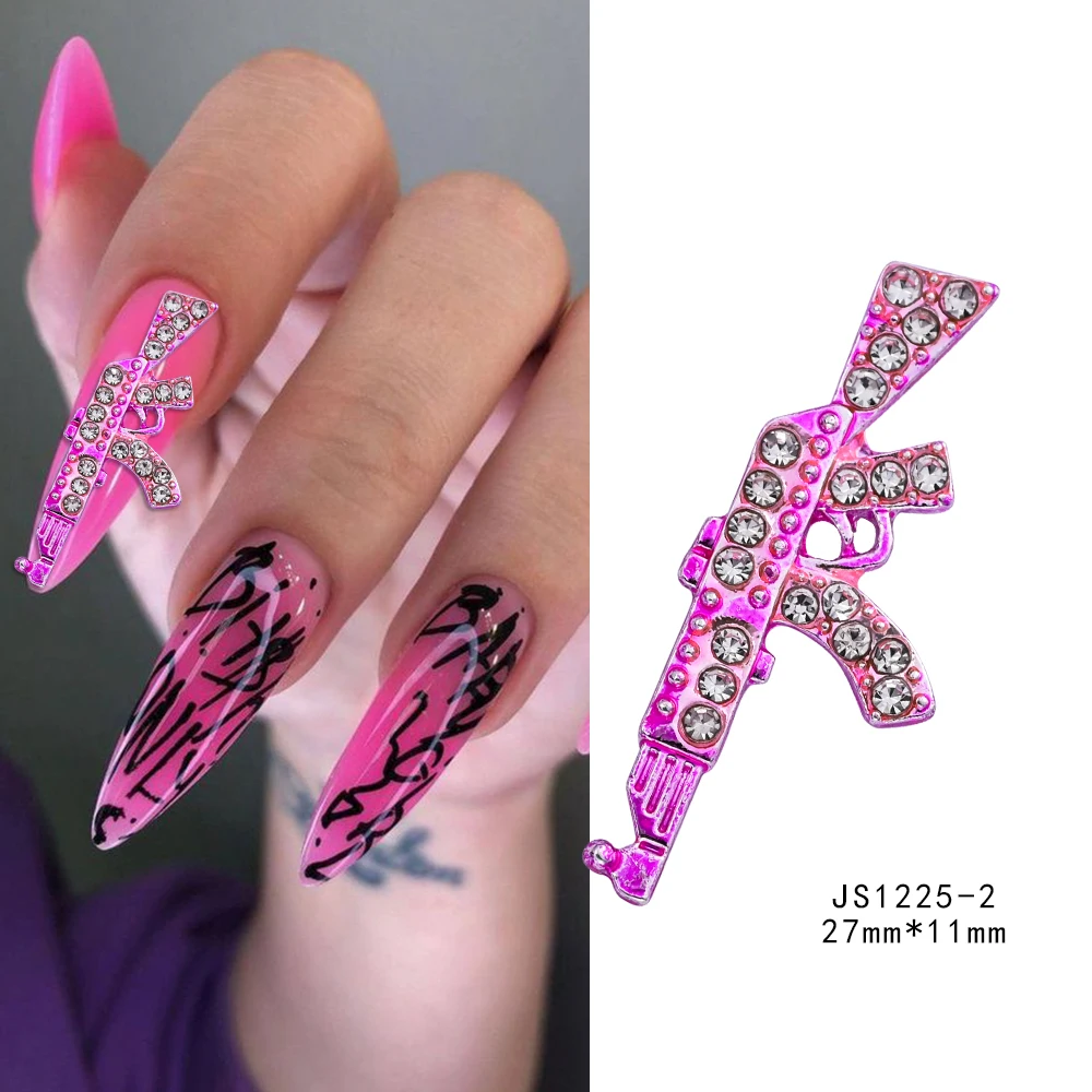 10 pz 3D Rosa Pistola Rossa con Strass Pendenti E Ciondoli Per Unghie 11*27mm Rosa Punk Metallo Lunga Pistola In Lega di Gioielli Per Unghie Y2k Decorazioni per Manicure # -