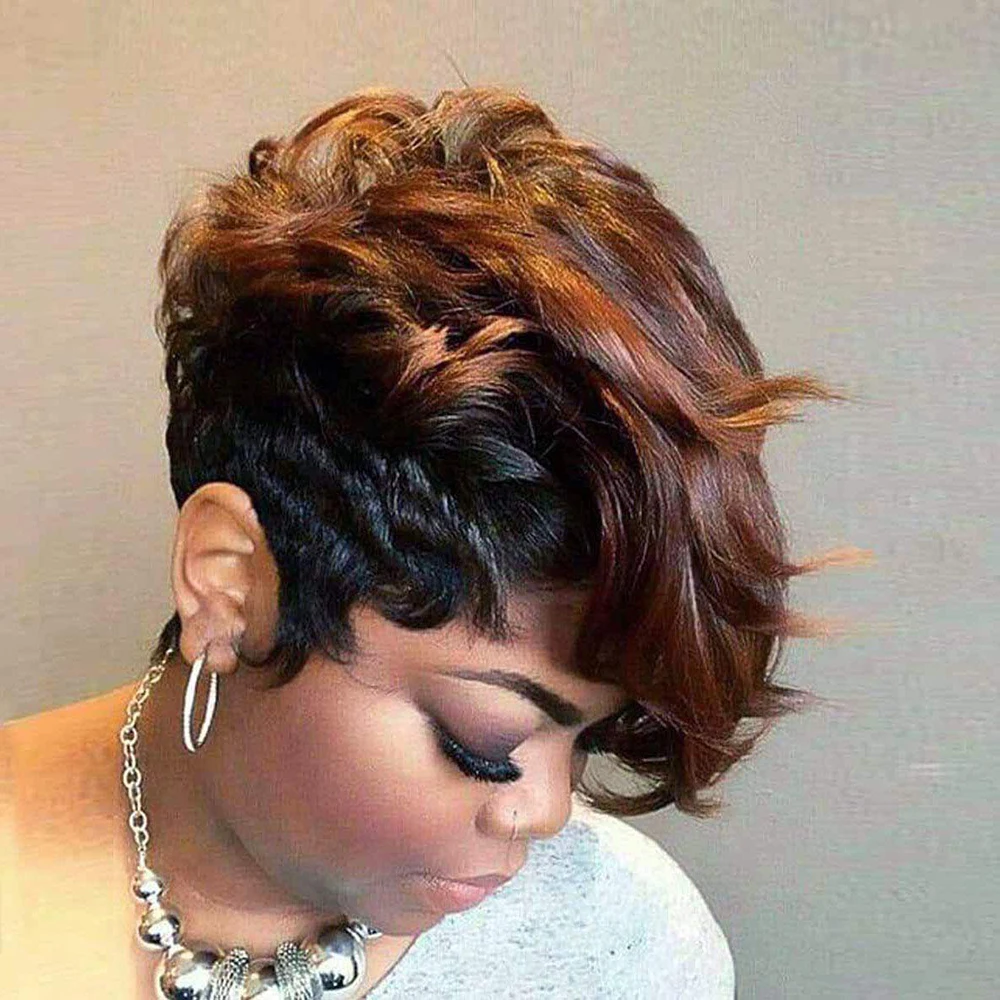 Nicelatus Synthetic Ombre Brown Hair Wig Short Pixie Cut Wigs with Wavy Bangs Short Wigs for Black Women