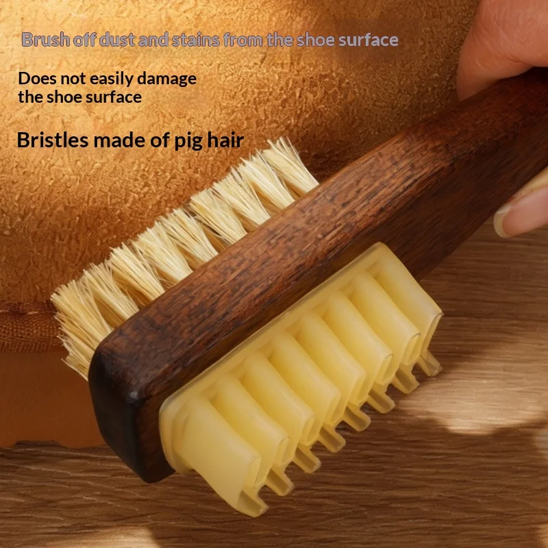 1Pc Dual-Sided Pig Bristle Shoe Brush, Suede Nubuck Leather Stain Remover Cleaning Brush for Casual Shoes Sneakers Boots