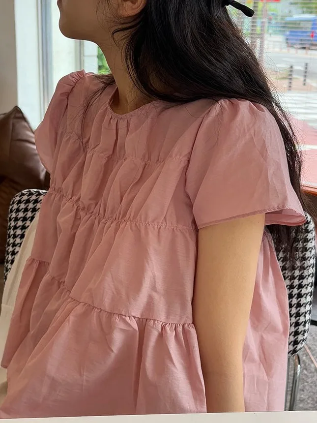 

Sweet Anti-Aging Summer New Sle Women's irt round Ne Pleated ort Sve ort Length Ele Doll Top Korean Loose Fit