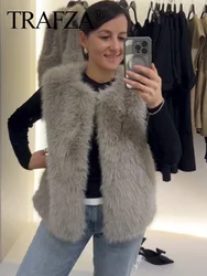 TRAFZA 2024 Women Faux Mink Fur Vest Solid Grey Sleeveless Vest Elegant Woman O-Neck Pocket Casual Slim Cardigan Coat Streetwear