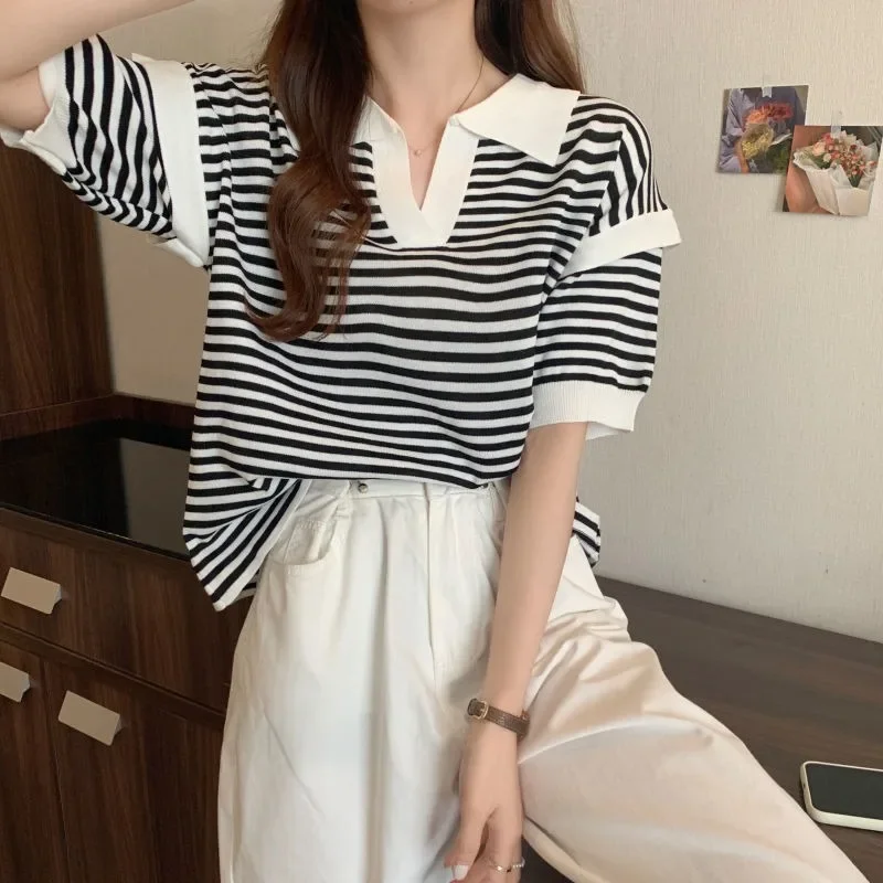 J018  Knit short sleeve T-shirt women's spring/summer polo collar V-neck design sense