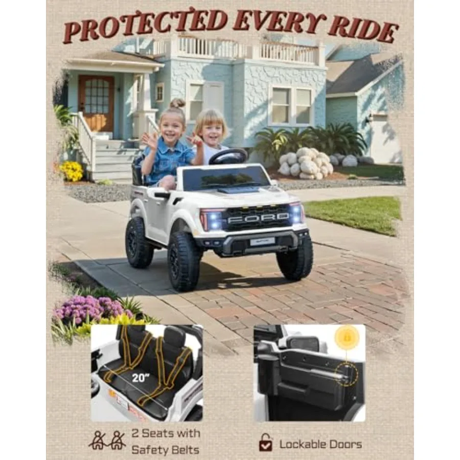 24V キッズライドオン トラック、ライセンス取得済み フォード F-150 ラプター 2人乗り 電動カー リモコン付き、幼児用ライドオンカーおもちゃ LEDライト付き