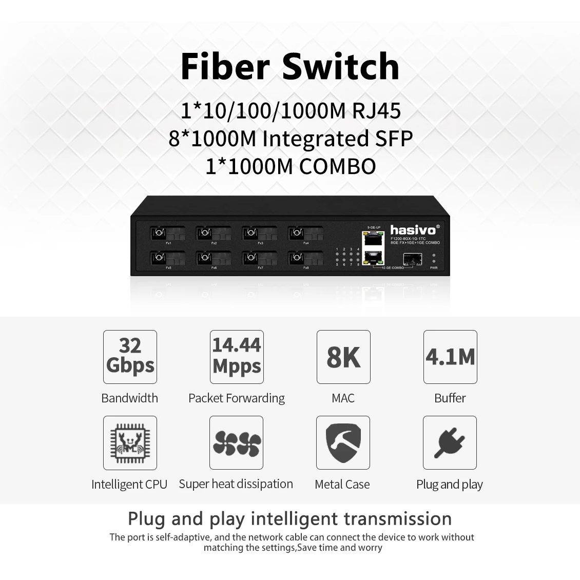 Hasivo 8-port Fiber Switch 8*100/1000M SFP+1RJ45+1COMBO For Industrial Office Surveillance