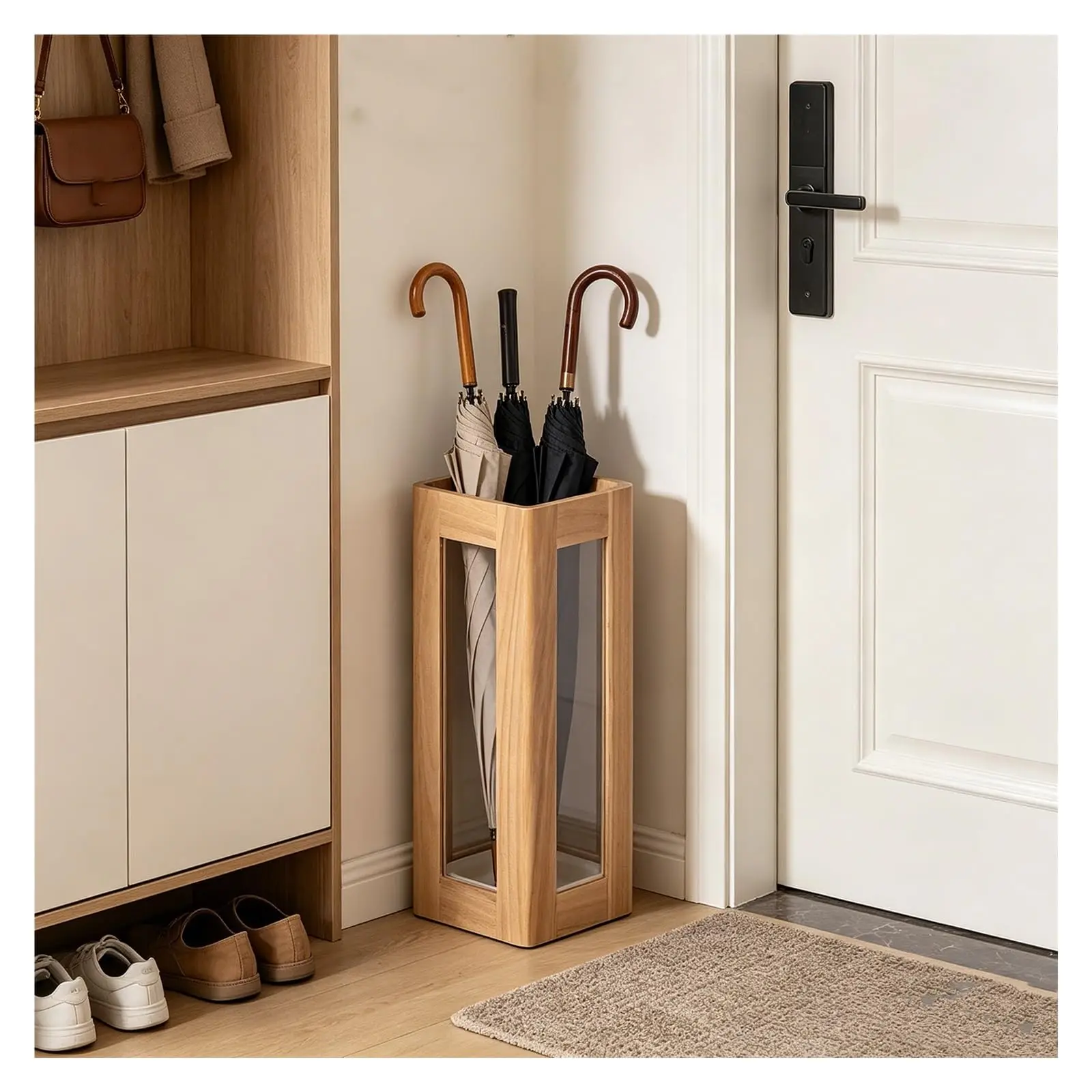 Solid Wood Umbrella Holder with a Removable Drip Tray, Acrylic Window, Square Umbrellas Stand with Rounded Corners