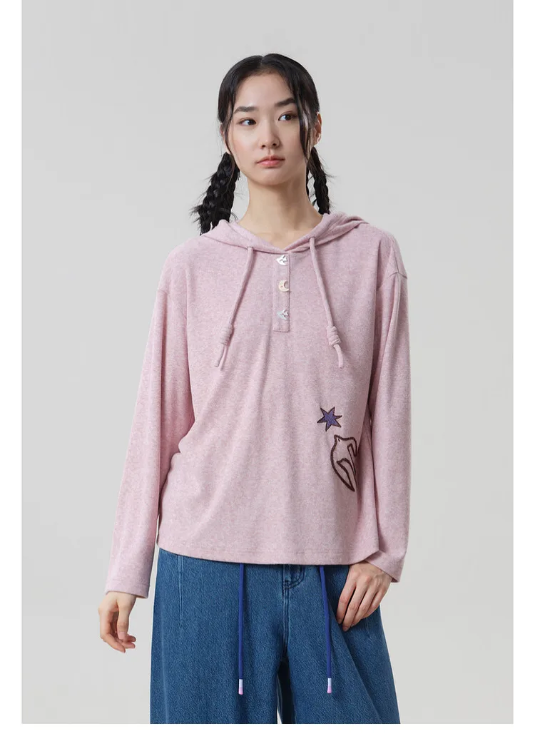 MOVEUP Hooded Drawstring Pullover 2026 Autumn Bird‑Shaped Buttons Embroidery Sweatshirts Loose Long Sleeve Casual Top 3ELQ10567
