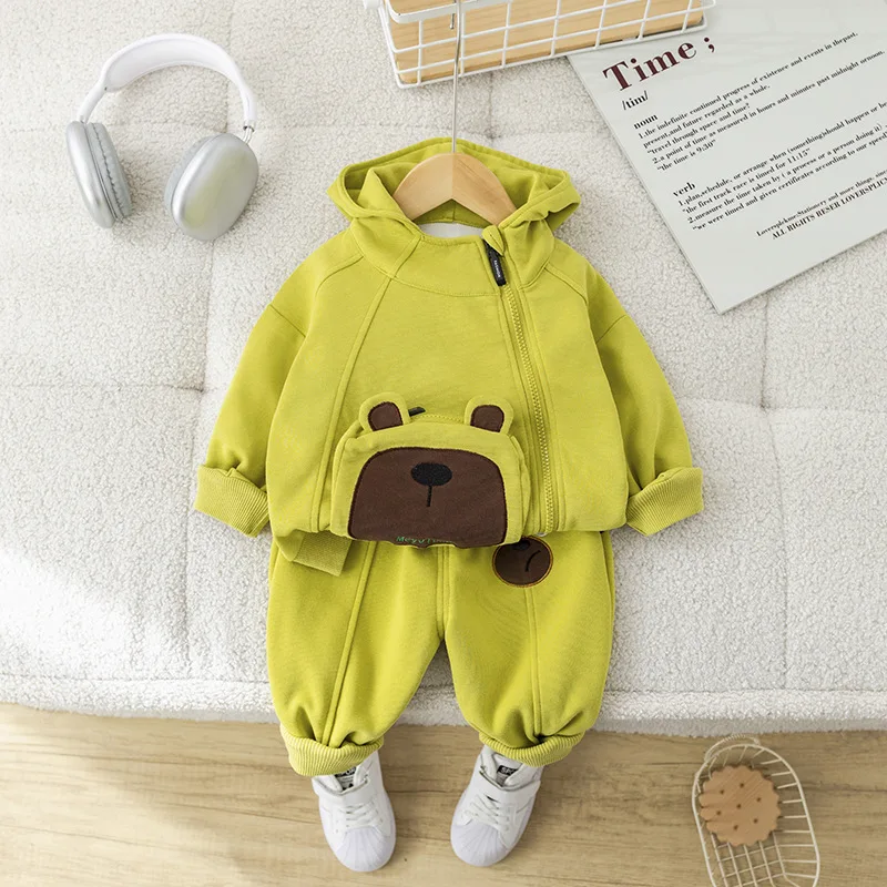 

Детский весенне-осенний комплект с длинными рукавами для мальчиков, корейское пальто на молнии с рисунком медведя, штаны с капюшоном, спортивный костюм, комплекты детской одежды