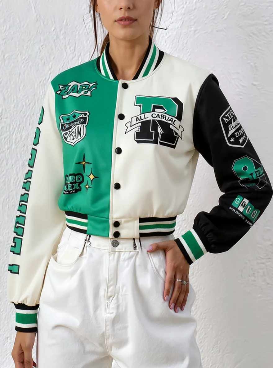 Women Color Block Cropped Varsity Jacket Letter Patch Long Sleeve Baseball Coat Streetwear Button Bomber Outerwear