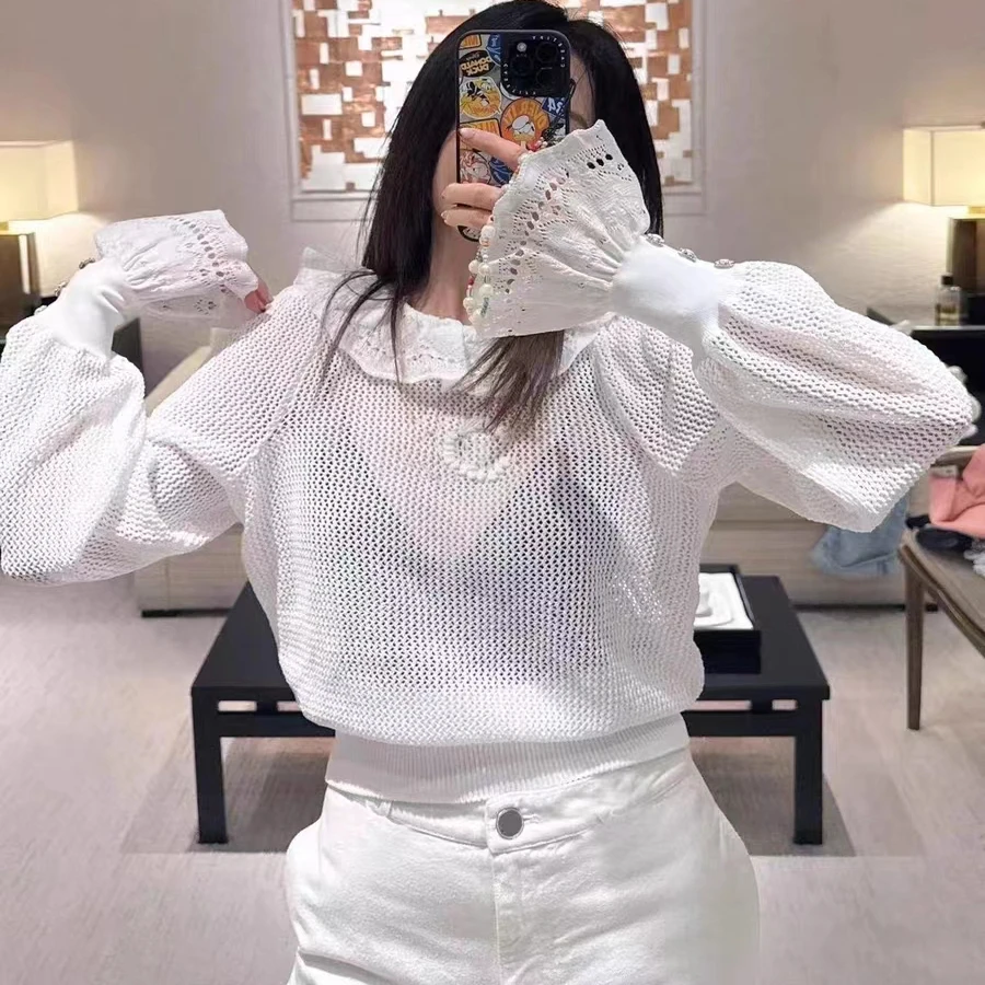 

Sweater 2025 Spring/summer New Collection, Three Dimensional Decoration On The Chest, Stacked Lace Collar, Hollow Top