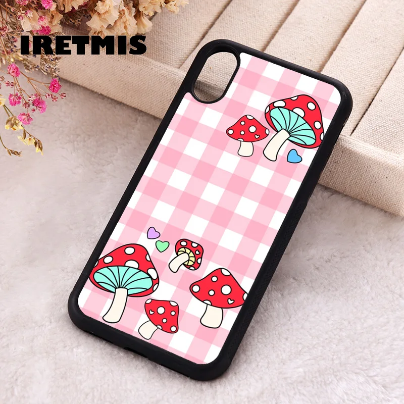 Iretmis Phone Cover Case For iPhone X XS Max XR 11 12 13 PRO MINI 14 15 16 Plus Rubber Silicone TPU Shrooms Pink Checkboard