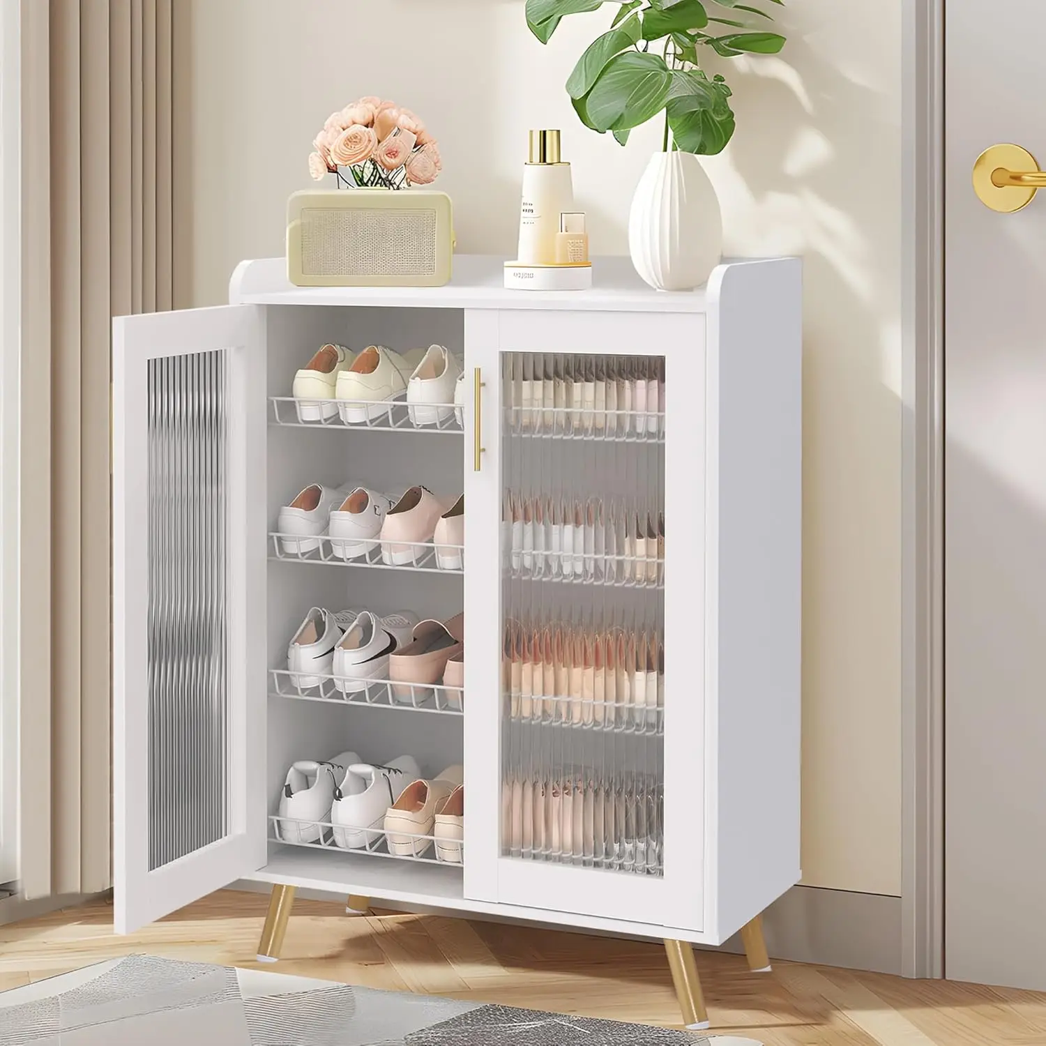 

Shoe Cabinet Storage for Entryway, 4-Tier Free Standing Organizer with Doors and Shelves, Using for Hallway