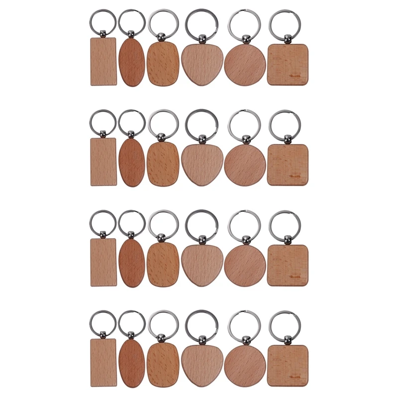 80 Pcs Blank Wood Wooden Keychain DIY Custom Wood Key Chains Key Tags Anti Lost Wood Accessories Gifts (Mixed Design)