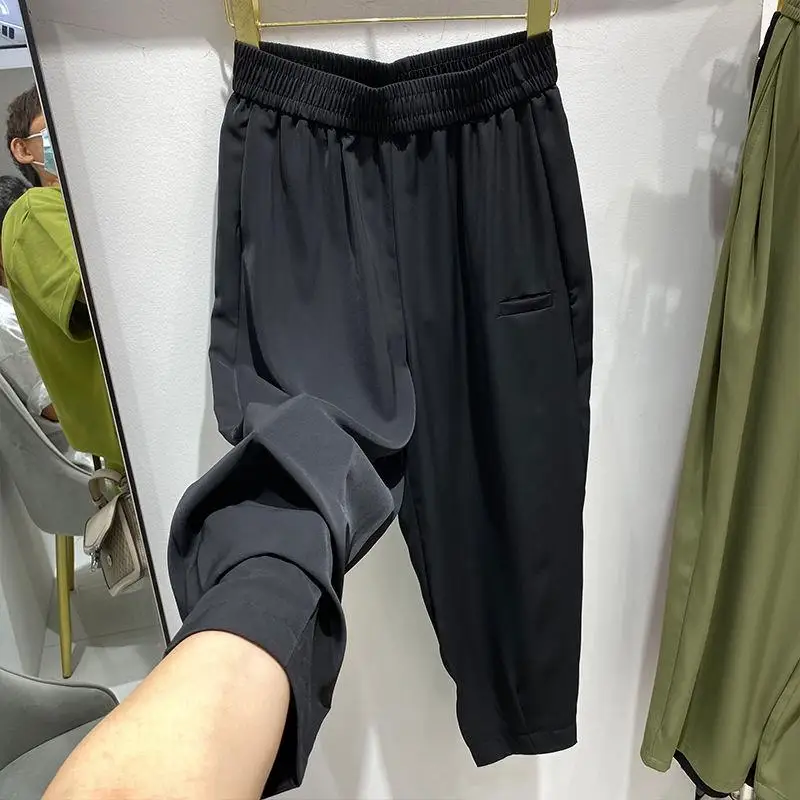 กางเกงฮาเร็มทรงหลวมไซส์ใหญ่ 300 สำหรับผู้หญิง ใส่สบายช่วงฤดูร้อน ขา 9 ส่วน เอวต่ำ ทรงหลวม ขากว้าง เอวสูง