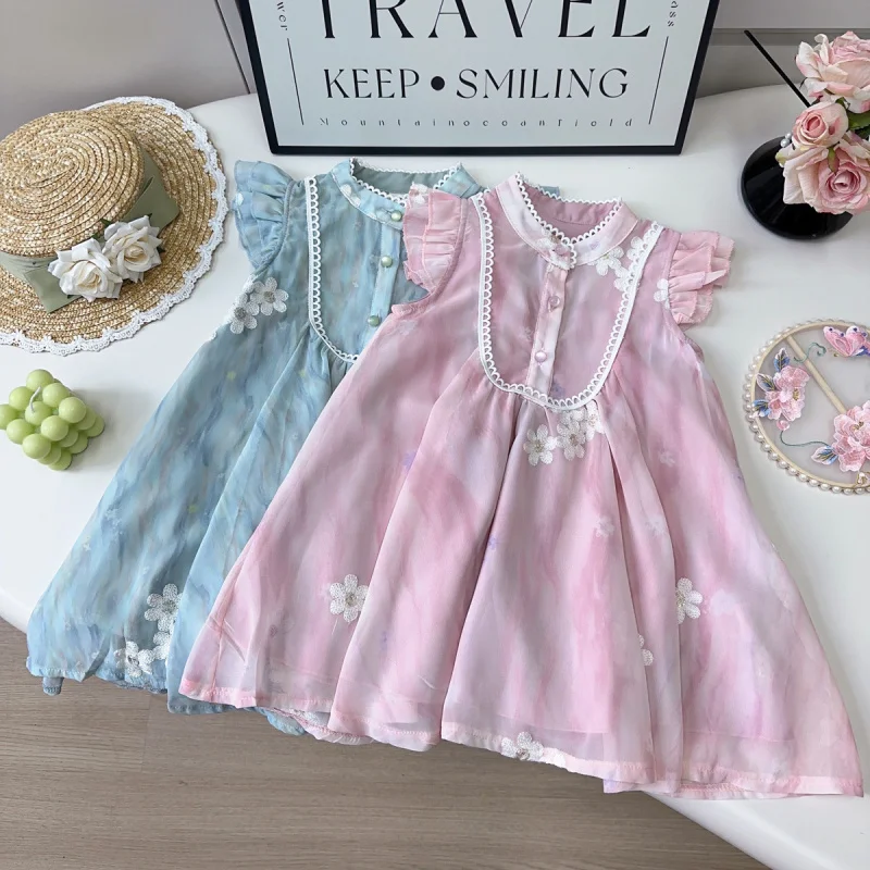 

Girls' Chinese Style Dress Summer New Fashionable High-end Feel Flutter Sleeve Mesh Embroidered DressEXB103
