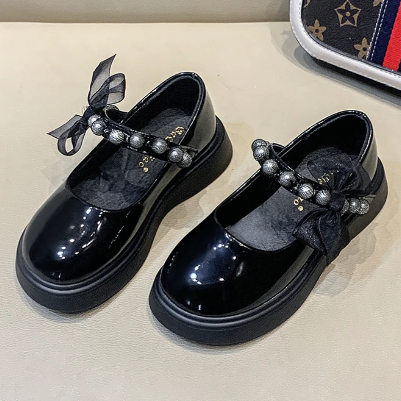 Elegant Kids Leather Shoe Black White Versatile Wedding Shoes for Girls Fashion Bowknot with Pearl Sweet Children Princess Shoes