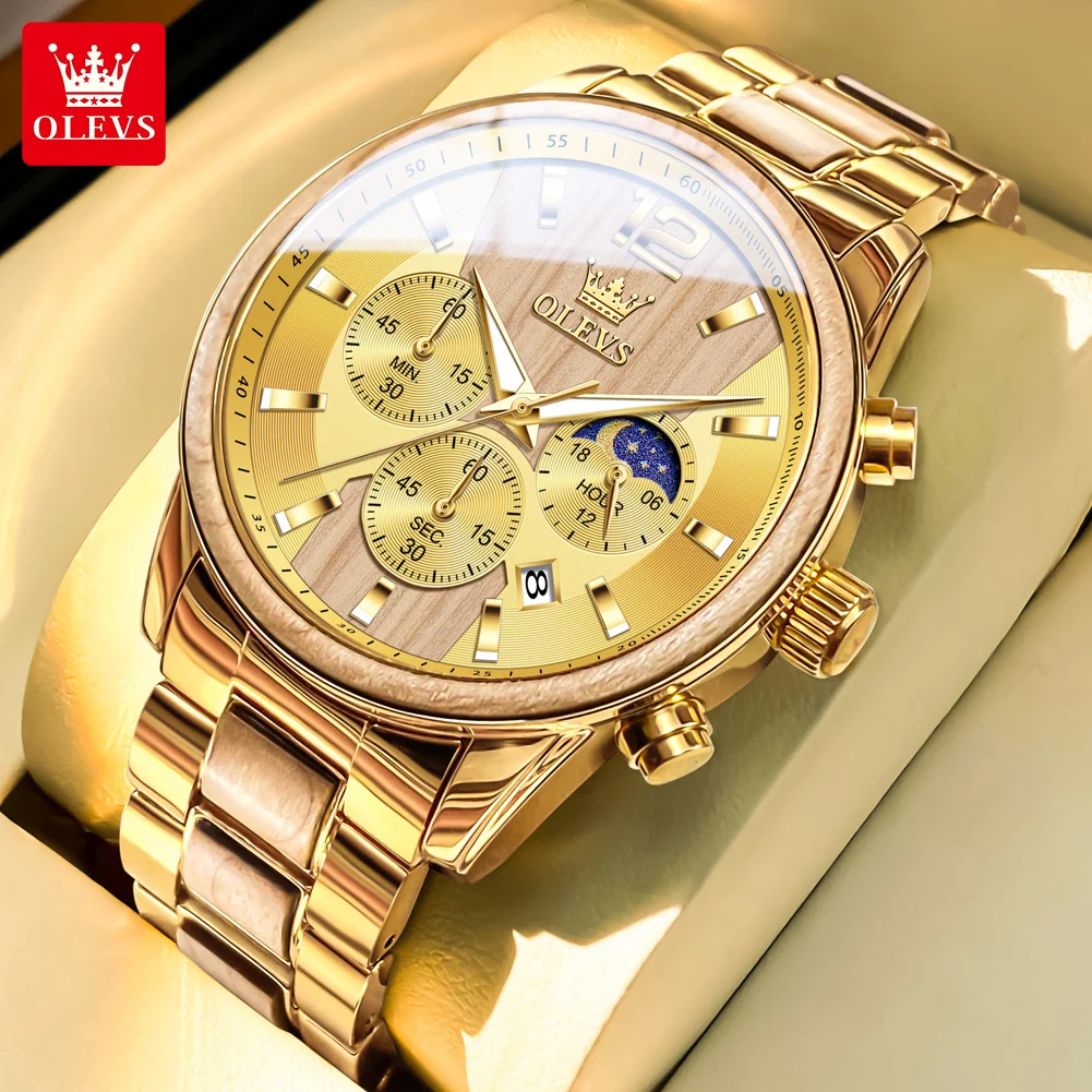 OLEVS 3645 Gold Solid Wood Quartz Wristwatch for Men Date Display Chronograph Moon Phase Original Men's Business Watches