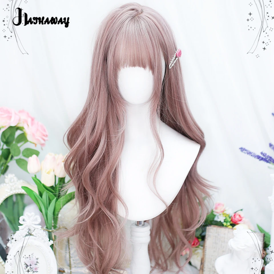 Synthetic Wig 26 Inch Wavy Long Hair Lolita Big Wavy Curly Hair Second Female Japanese Cosplay Soot Pink Wavy Long Hair Wig