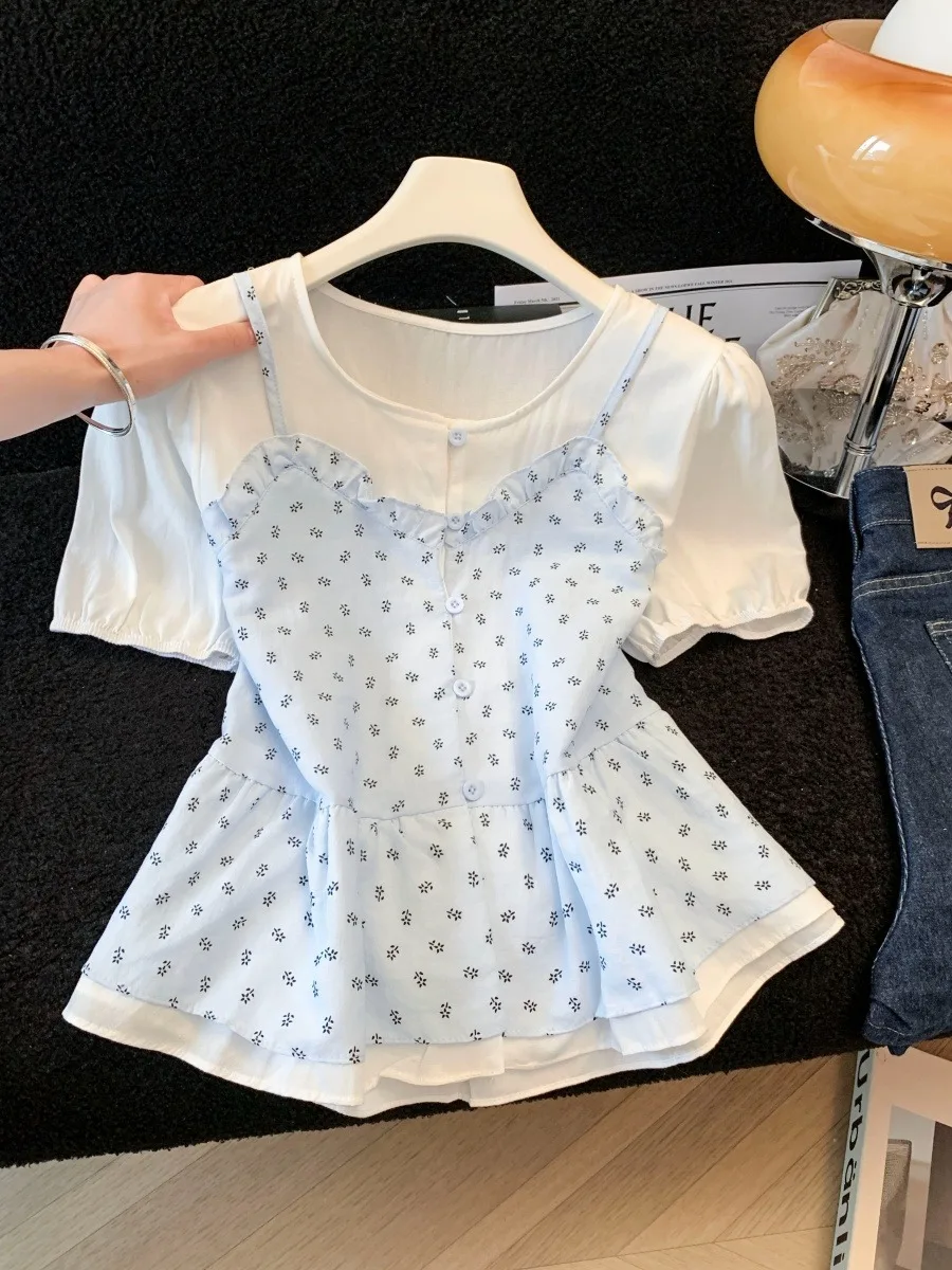 

Sweet Floral Print Blouse Women's Summer 2026 Unique Beautiful Small Shirt Lace Trim Slimming Personality Shirt Short Sleeve ...