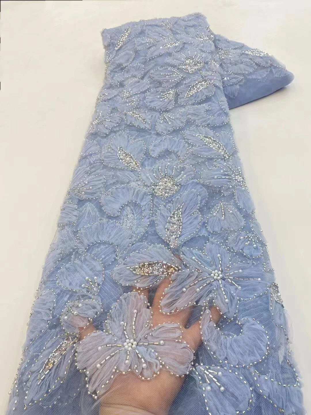 

2023 High Quality Heavy Beads Sky Blue African Lace Fabric Beaded French Tulle Lace Fabric For Wedding Party Dress Sew LXX23151