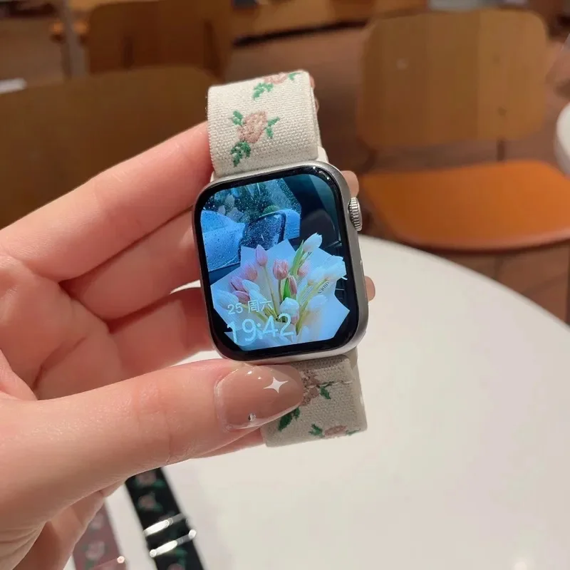 Korea Retro Nylon Flower Elasticity Band For Apple Watch 49mm 38 40 41mm Correa Cute Strap For iWatch Series Ultra 2 9 8 7 SE 6