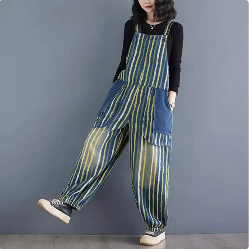 Spring Autumn Denim Overall Jumpsuit 2024 Large Size Artistic Retro Style Casual Loose Cowboy Striped Jeans Strap Pants CS016