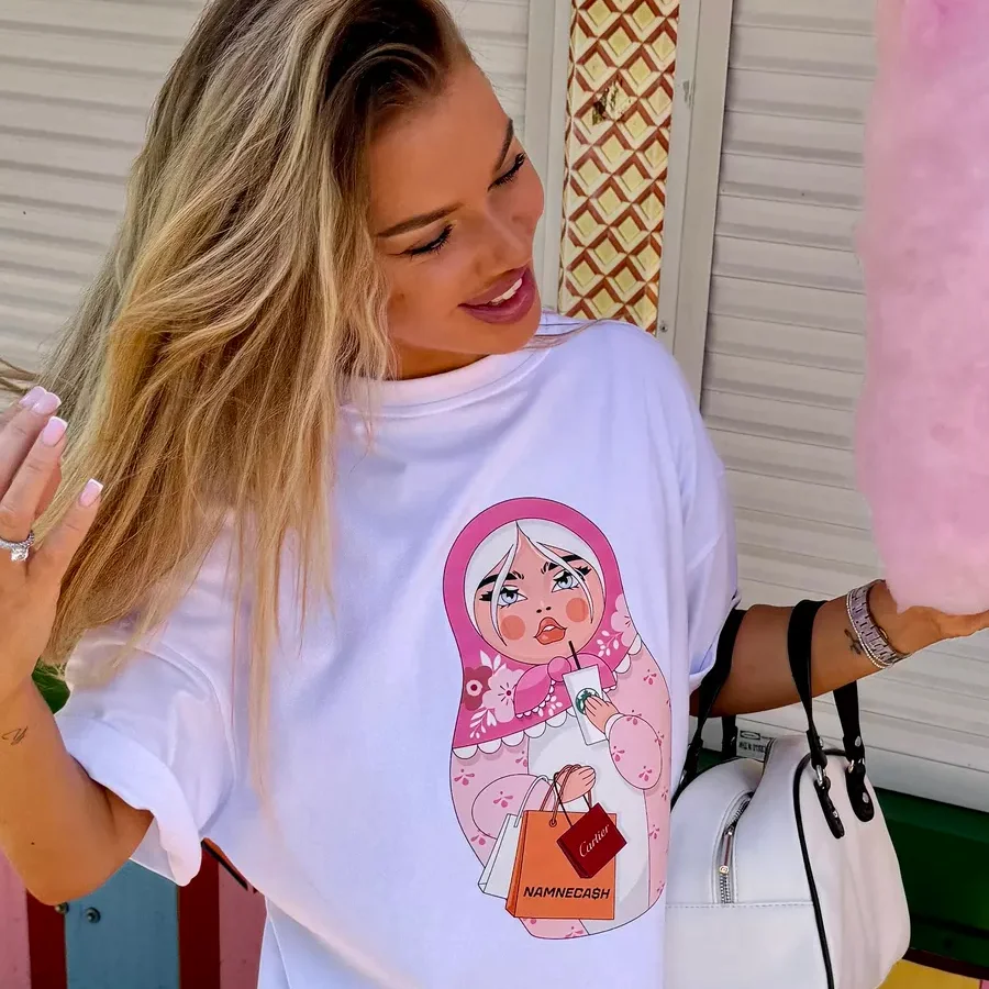 ロシアレトロ 100% コットン Tシャツ夏楽しいかわいいプルオーバー人形プリント INS カジュアルファッション特大怠惰なスタイルの女性の Tシャツ 1