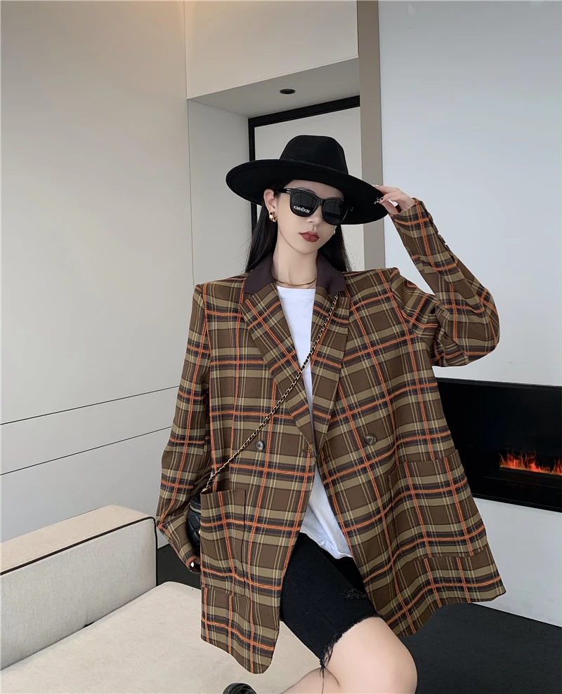 Vintage brązowy Plaid Blazers kobiety moda Casual luźna zapinana na guziki kurtki damskie wiosenny i jesienny nowy