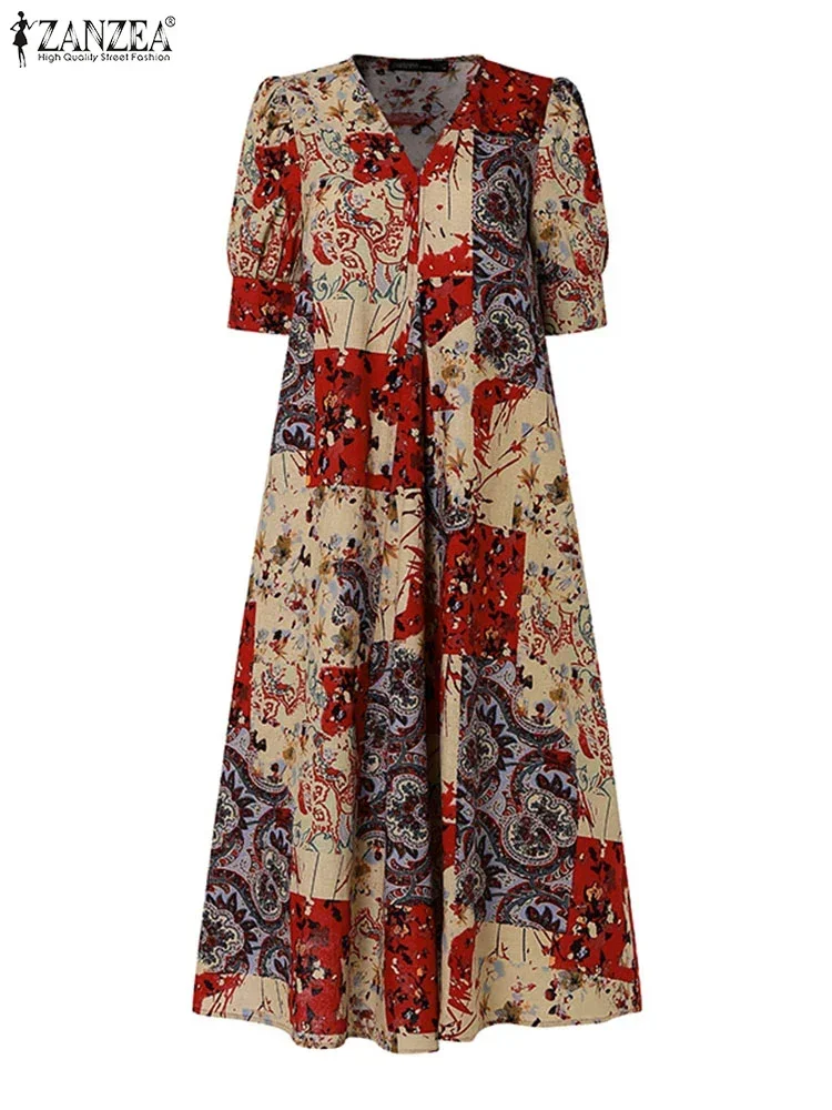 2025 ZANZEA Women Summer Printed Dress Fashion V-neck Midi Sundress Vintage Puff Short Sleeve Robe Holiday Bohemian Dresses