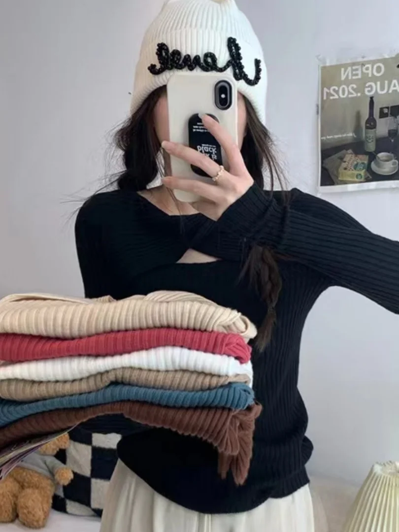 Хаки ажурный базовый слой вязаный свитер женский осенне-зимний приталенный длинный светящийся топ модный для похудения irt