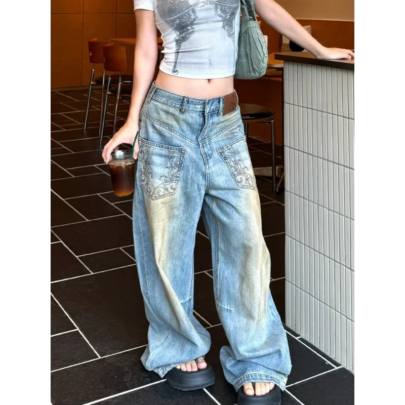 American high street design sense personalized embroidered jeans women summer old mud dyed reverse pocket floor trousers trendy