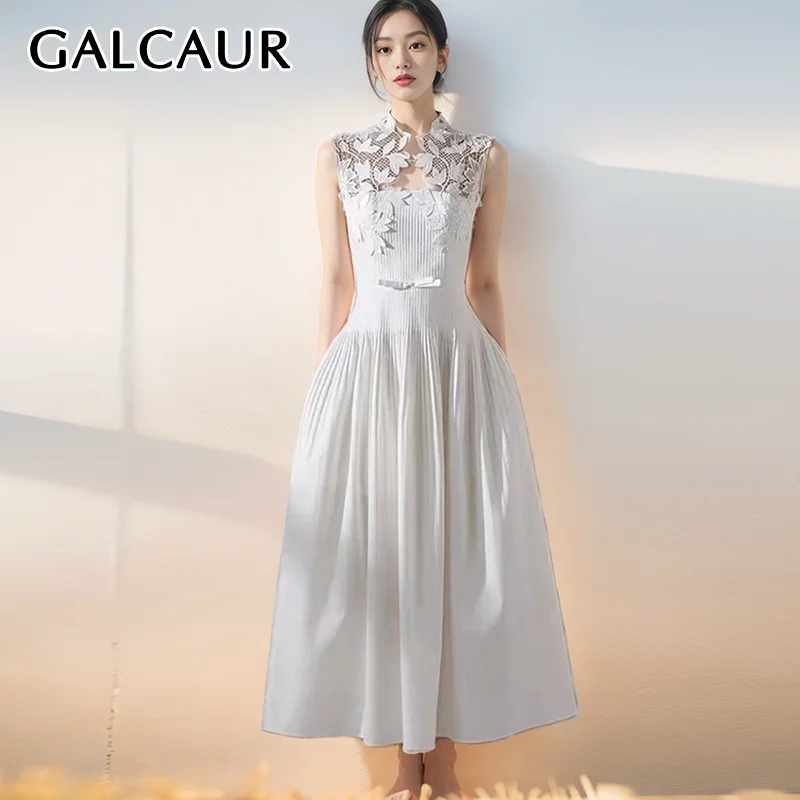 

GALCAUR Patchwork Lace Dresses For Women Strapless Sleeveless High Waist Spliced Zipper Eleghant Solid Chic A Line Dress Female