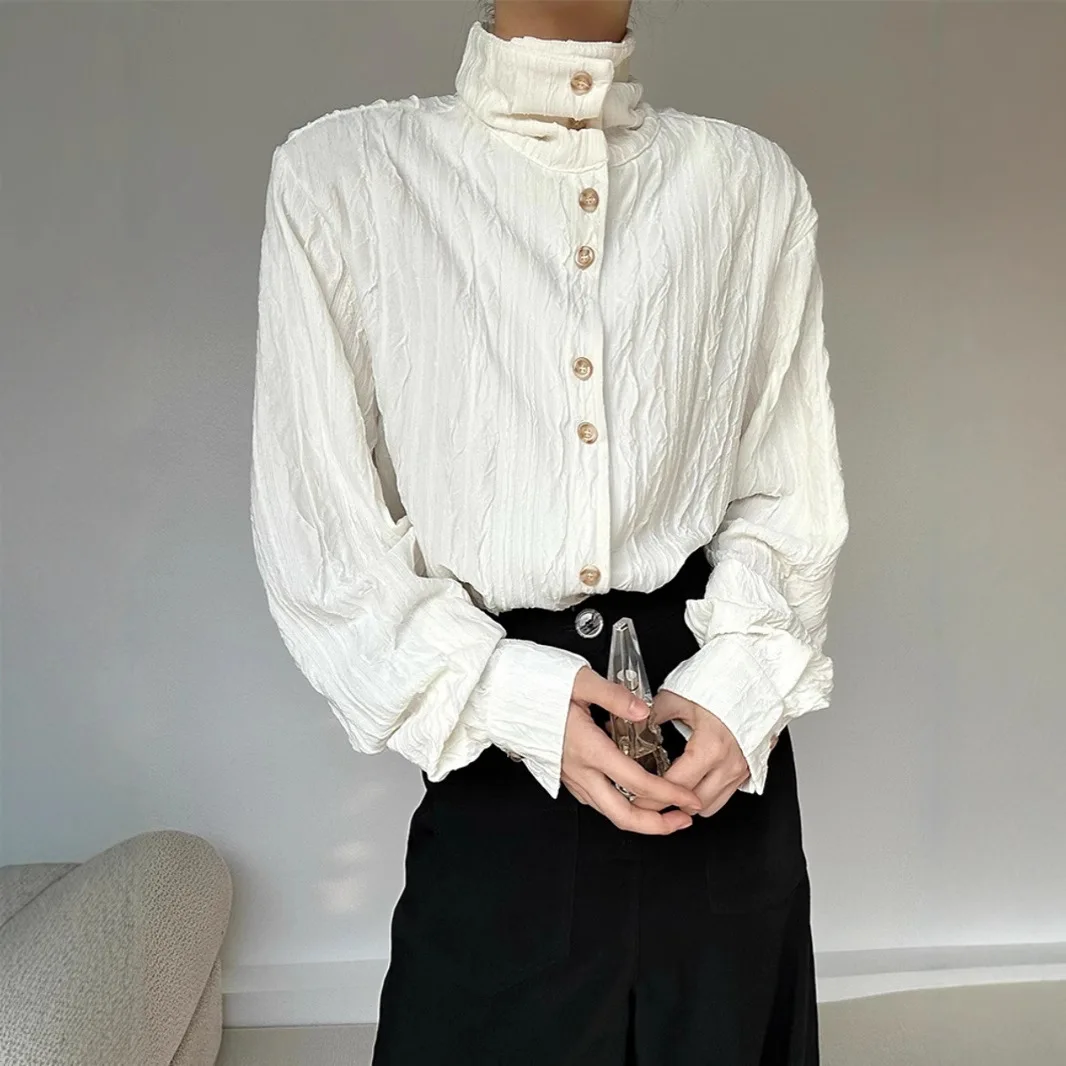 

High-end Japanese base shirt for men and women in spring and autumn texture stand collar neutral style long-sleeved shirt