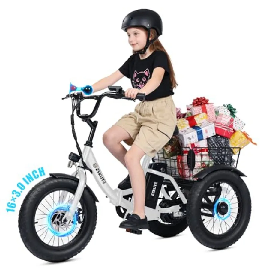 

Mini E-Trike Electric Bike for beginners aged 6+, classic black folding trike with 16x3.0 fat tires, 302.4Wh battery and 500W m