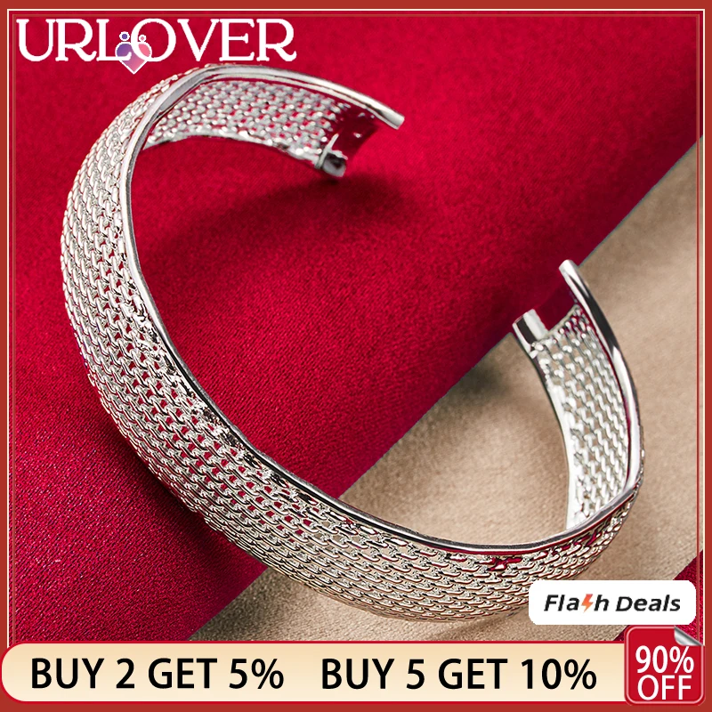 

URLOVER 925 Sterling Silver Bangle For Women Mesh Opening Bangles Lady Engagement Wedding Fashion Jewelry Birthday Gifts