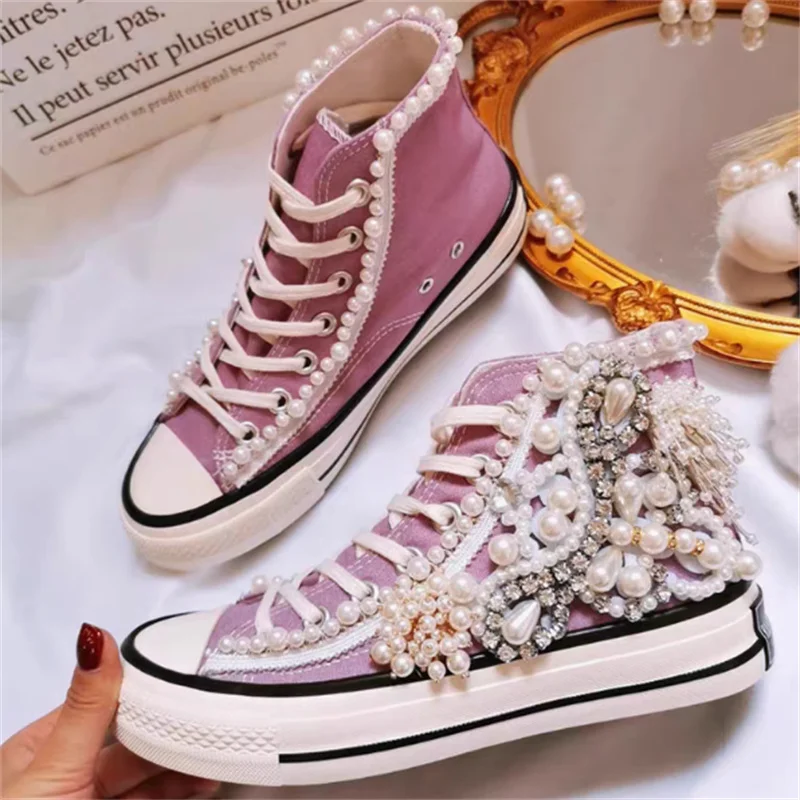 Hand stitched pearl jewel beaded tassel taro thick soled canvas shoes custom high top lace-up casual sports women's shoes 35-40