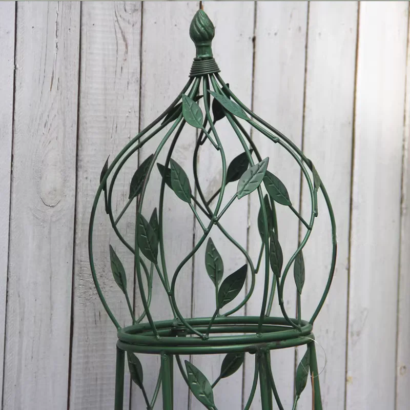 Vintage Green Iron Cylindrical Climbing Plant Trellis with Vine and Leaf Motifs