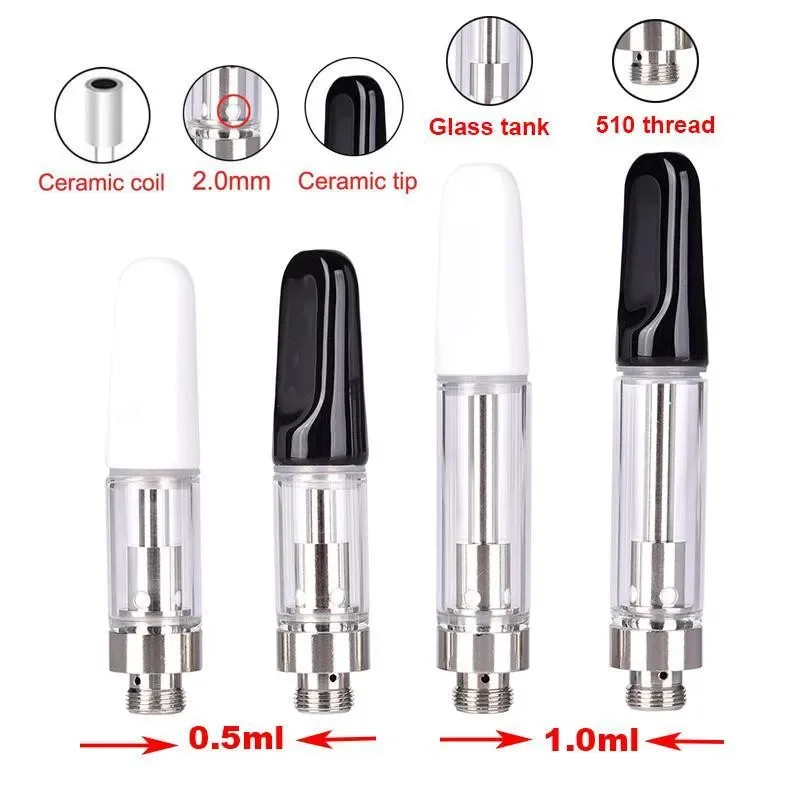 100pcs CC-ELL Vape Cartridge Ceramic 510 Thick Oil Tank Ceramic Coil 0.5ml/1.0ml Glass Atomizer 2.0mm Holes CBD Cartridge Tank