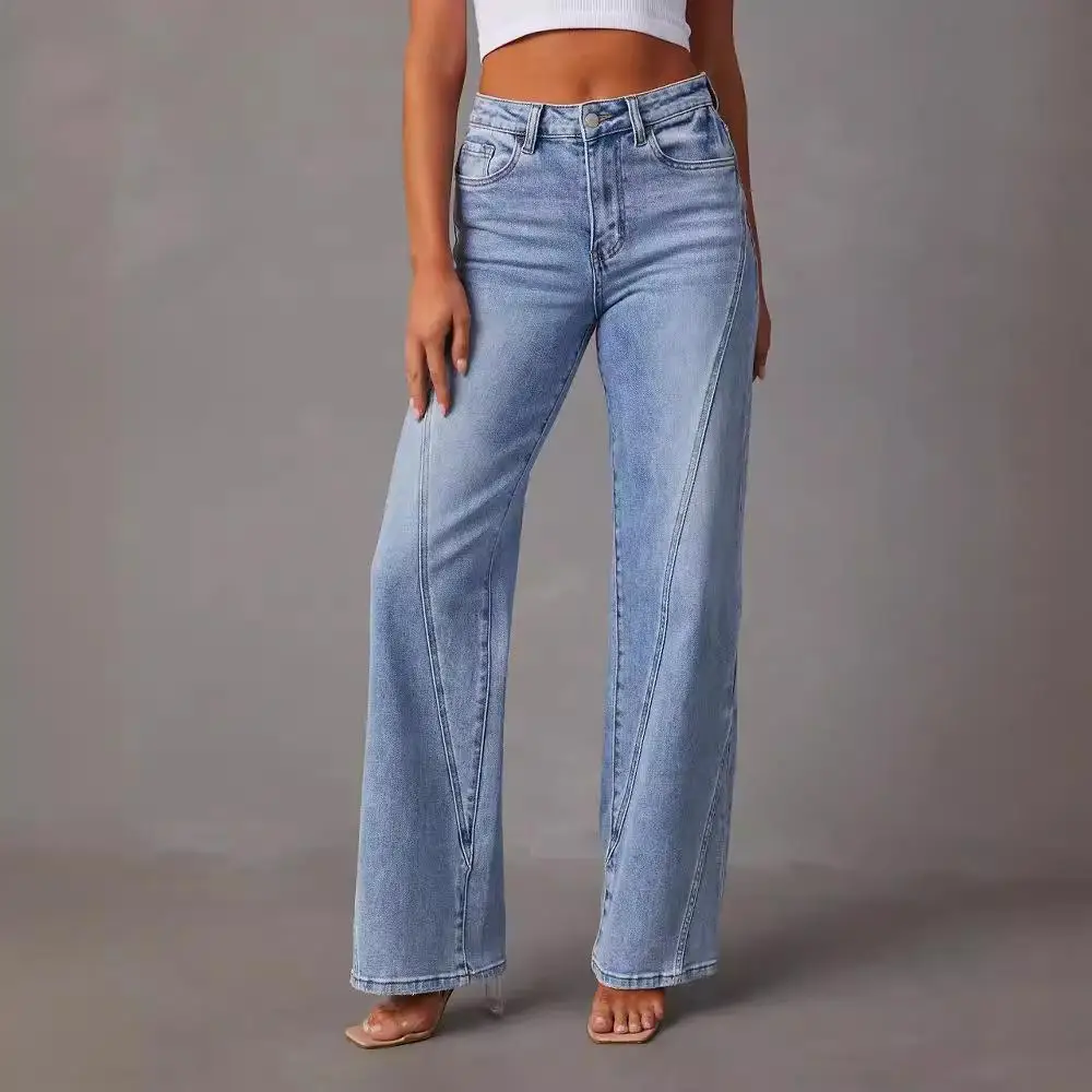 Faionable Loose Patchwork Wide Leg Women's Jeans High Waist Cotton GBXMAO Briti Sle mid Stretch Blue Denim Pants