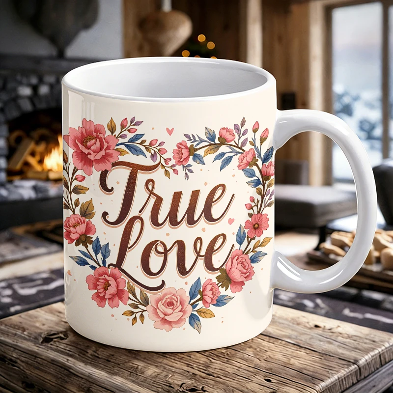 

'True Love' floral wreath ceramic cup with handle, creative coffee cup, milk cup, office tea cup, drinking cup, fade-resistant