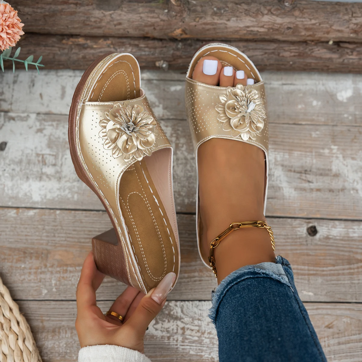 

Women Sandals Peep Toe Chunky High Heel Slippers Flower Roman Sandals Women Lightweight Slip On Summer Shoes Sandalias De Mujer