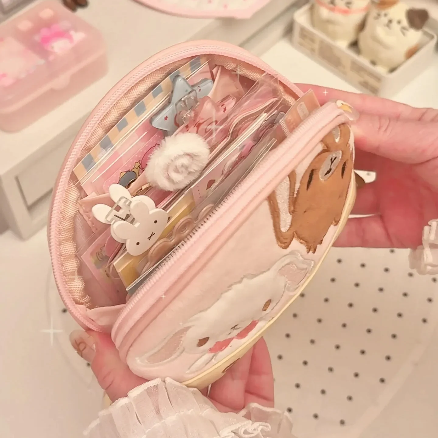 Pink Rabbit Shell Storage Bag Sweet Japanese Style Handheld Cosmetic Bag Kawaii Pouch for Stationery and Small Items
