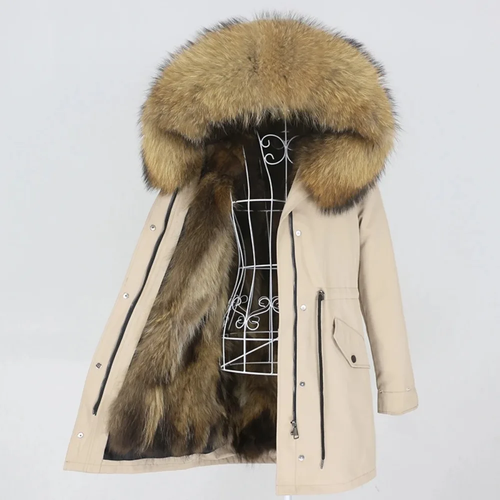 2024 Real Fur Coat Long Waterproof Parka Winter Jacket Women Hood Natural Raccoon Fox Fur Outerwear Streetwear Detachable